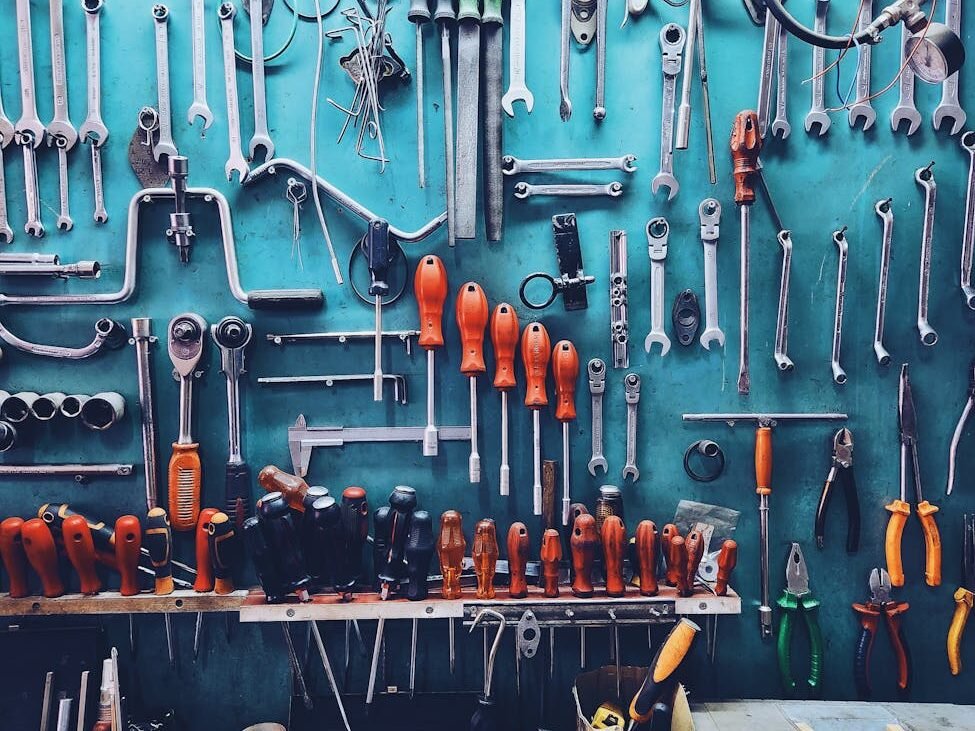 wall and desk in the workshop with sorted tools